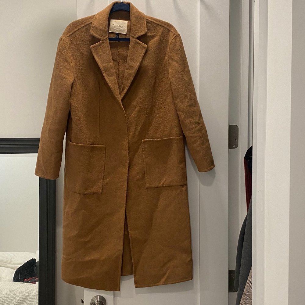 Top Shop Camel Brown Wool Blend Coat in Size 6.